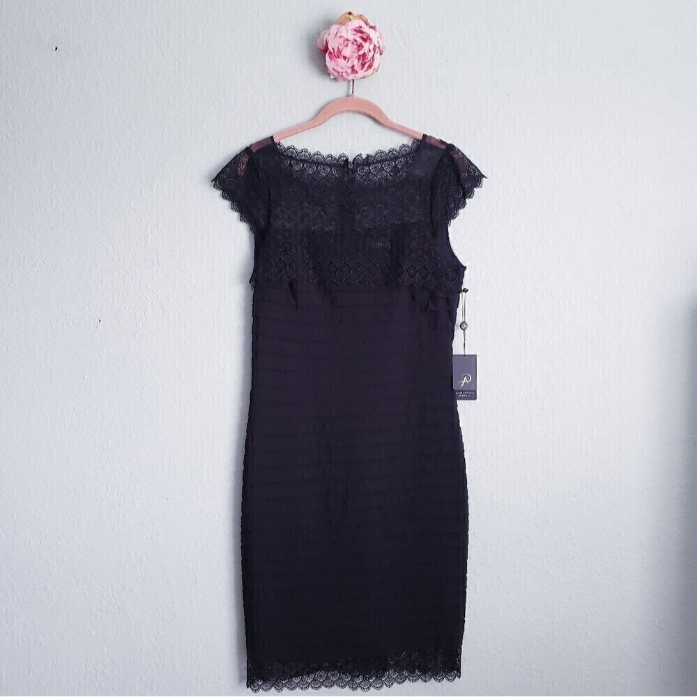 Adrianna Papell‎ Placed Lace Border Black Cocktail Midi Dress